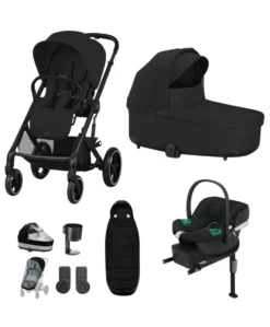 Cybex Balios Pushchair Bundle with Cybex Aton B2 i-Size Car Seat & Base (6 Pieces) - Moon Black