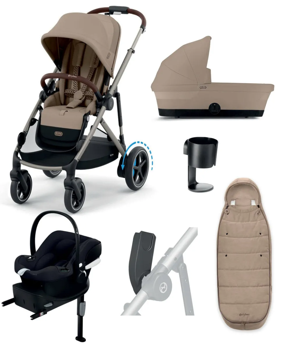 Cybex e-Gazelle S Electric Pushchair Bundle with Cybex Aton B2 i-Size Car Seat and Base (6 Pieces) – Almond Biege