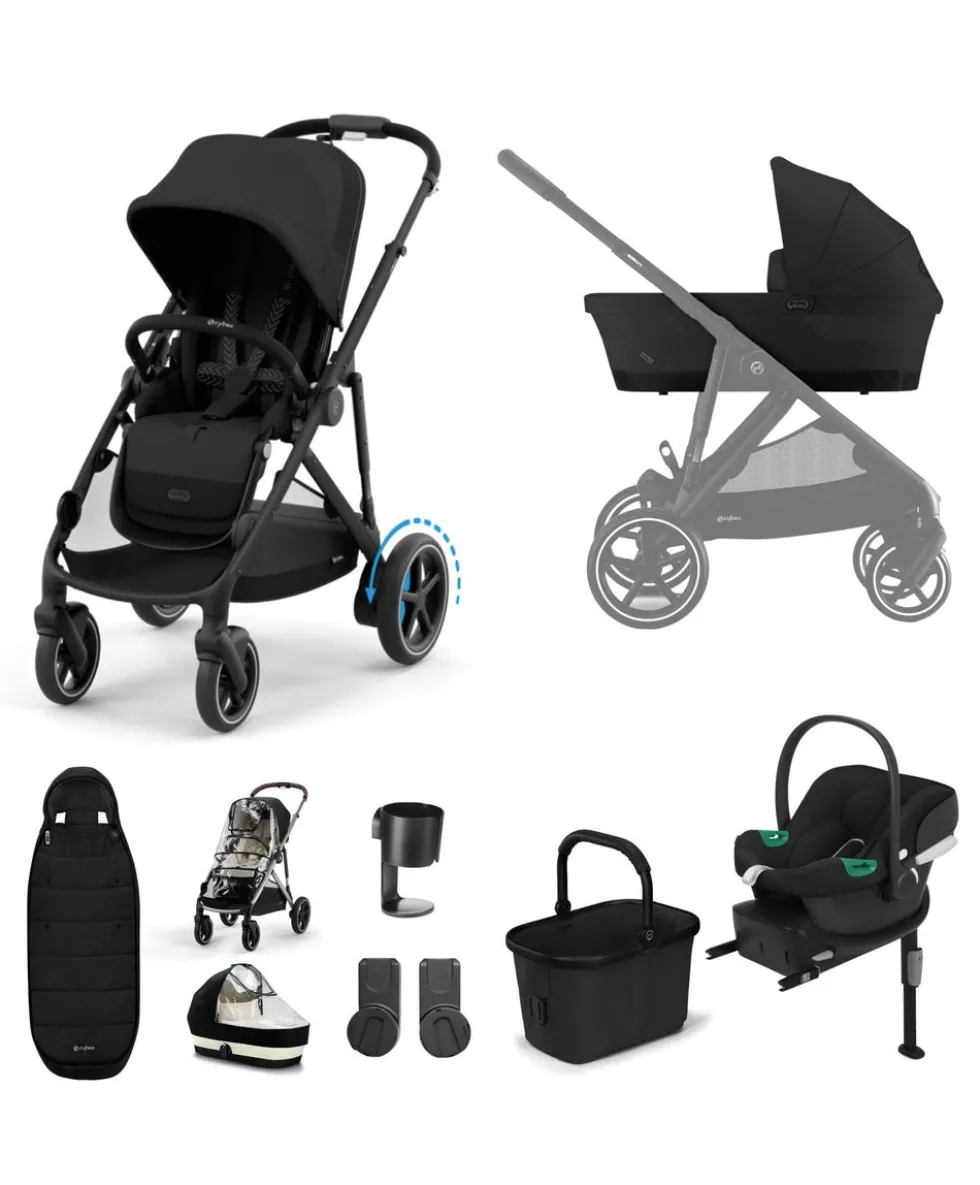 Cybex e-Gazelle S Electric Single to Double Pushchair Bundle with Cybex Aton B2 i-Size Car Seat and Base (6 Pieces) – Black