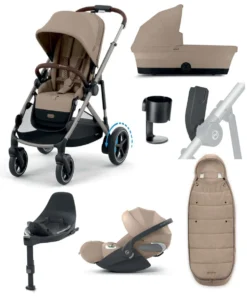 Cybex e-Gazelle S Electric Single to Double Pushchair Bundle with Cybex Cloud T+ i-Size Rotating Car Seat (7 Pieces) - Almond Beige/ Cozy Beige
