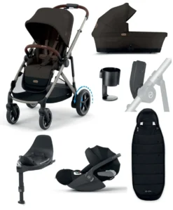 Cybex e-Gazelle S Electric Single to Double Pushchair Bundle with Cybex Cloud T i-Size Rotating Car Seat (7 Pieces) - Chocolate Brown