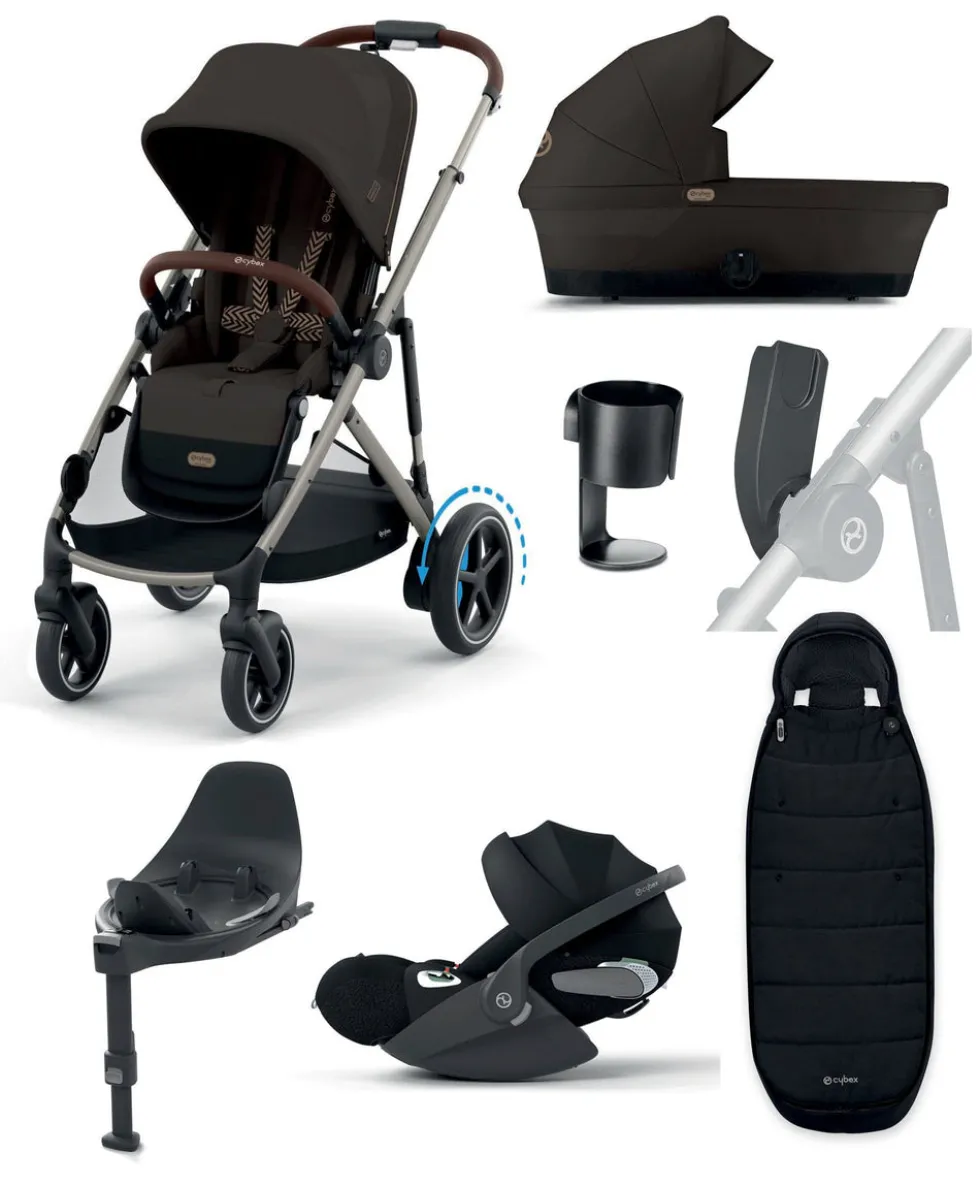 Cybex e-Gazelle S Electric Single to Double Pushchair Bundle with Cybex Cloud T i-Size Rotating Car Seat (7 Pieces) - Chocolate Brown
