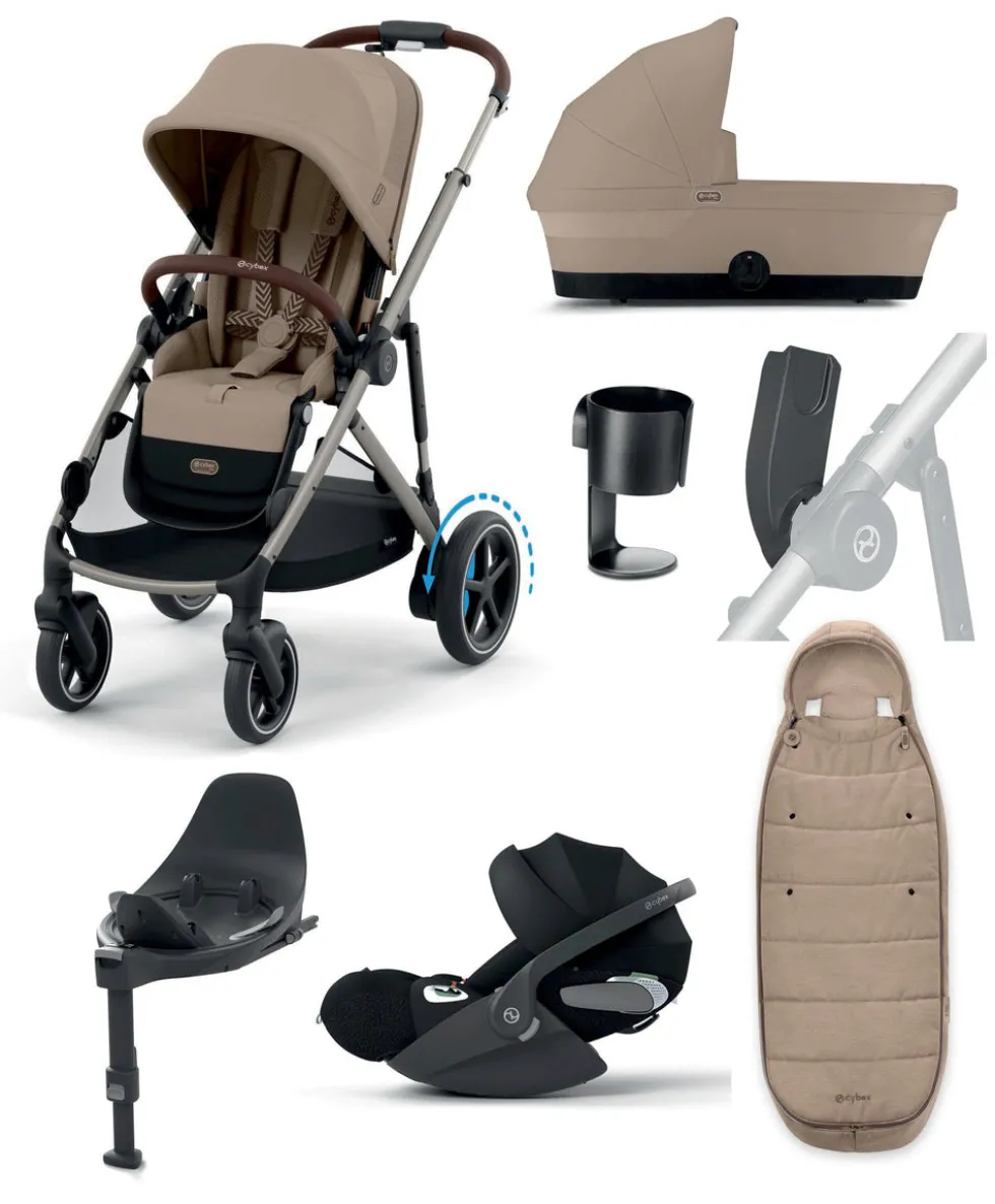 Cybex e-Gazelle S Electric Single to Double Pushchair Bundle with Cybex Cloud T i-Size Rotating Car Seat (7 Pieces) - Almond Beige