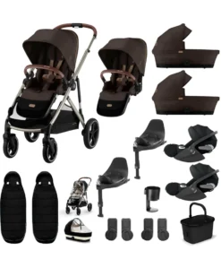 Cybex Gazelle S Twin Pushchair Bundle with Cybex Cloud T i-Size Rotating Baby Car Seat & Base (16 Pieces)- Chocolate Brown