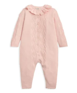 Diamond Stitch Knitted Romper with Frill Collar - Pink