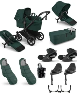 Donkey 6 Twin Essential Bundle With Cybex Cloud T+ i-Size Rotating Baby Car Seat (10 Pieces) - Fern Green