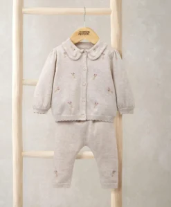 Embroidered Cardigan and Leggings Set with Scallop Detail (2 Pieces)