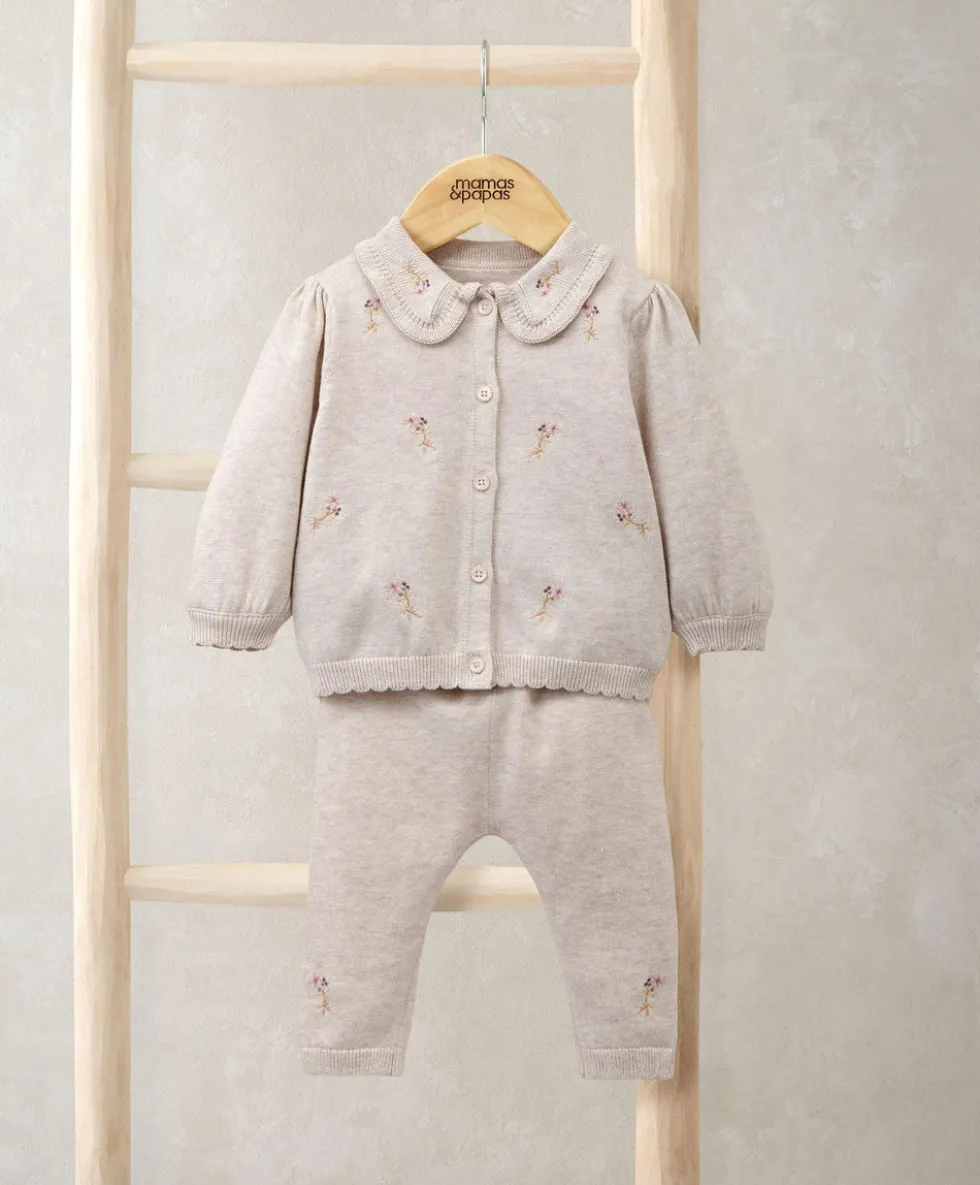 Embroidered Cardigan and Leggings Set with Scallop Detail (2 Pieces)