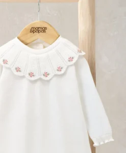 Embroidered Scallop Collar Romper with Frill Trim