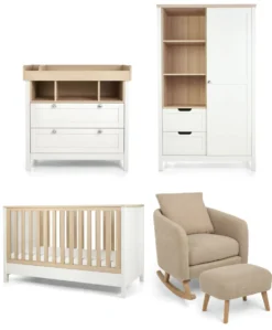 Harwell 3 Piece Cotbed Range with Alma Nursing Chair & Stool - White/ Fawn