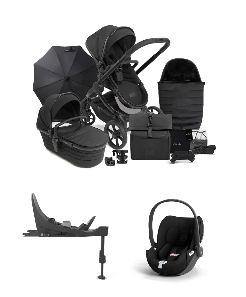 iCandy Peach 7 STUDIO Complete Pushchair Bundle and Cybex Cloud T i-Size Rotating Car Seat & Base - Black