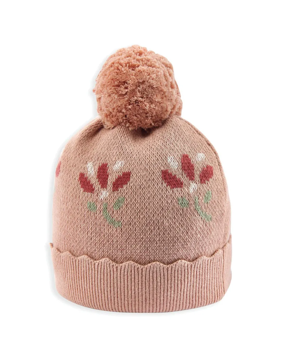 Jacquard Floral Knit Hat and Pom Pom