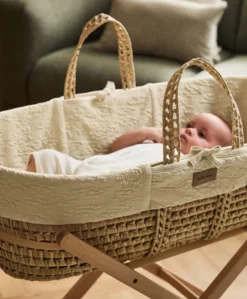 Little Green Sheep Furrow Knit Moses Basket & Mattress - Linen