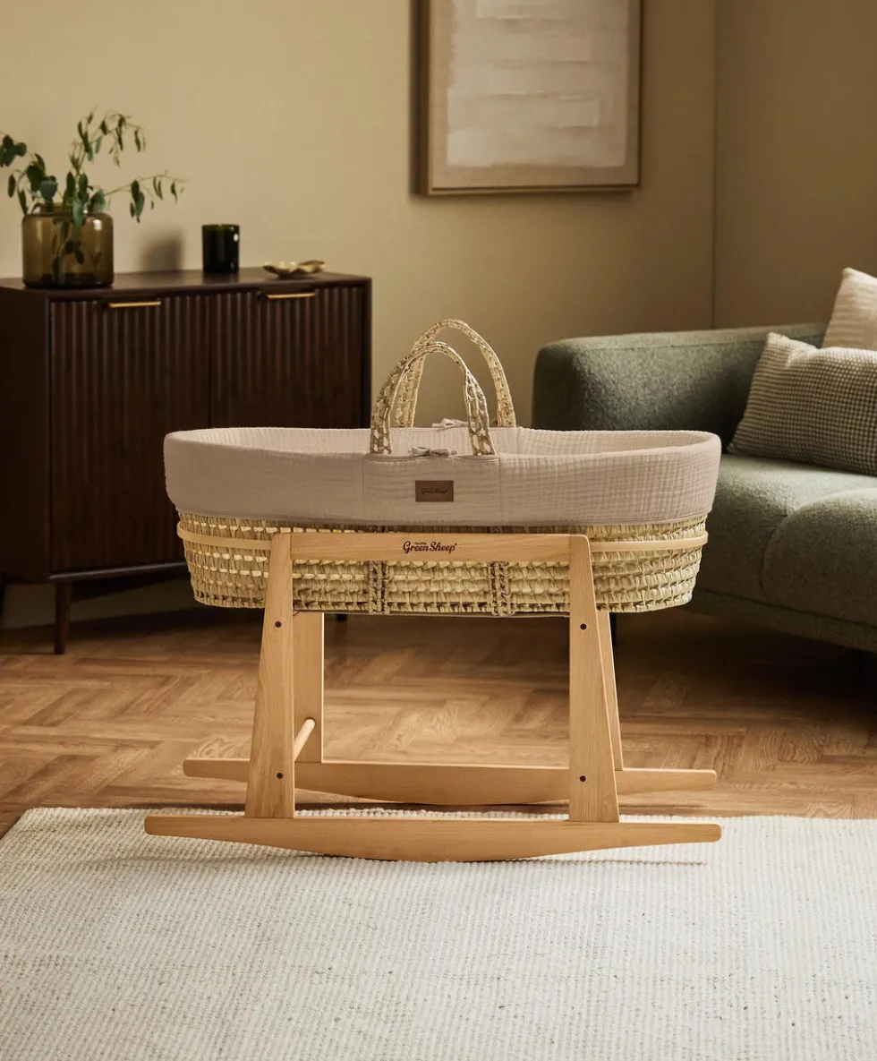 Little Green Sheep Muslin Moses Basket & Mattress - Truffle