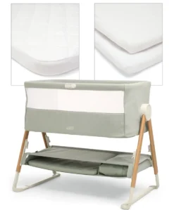 Lua Bedside Crib with Sheet & Mattress Protector Bundle - Sage/White