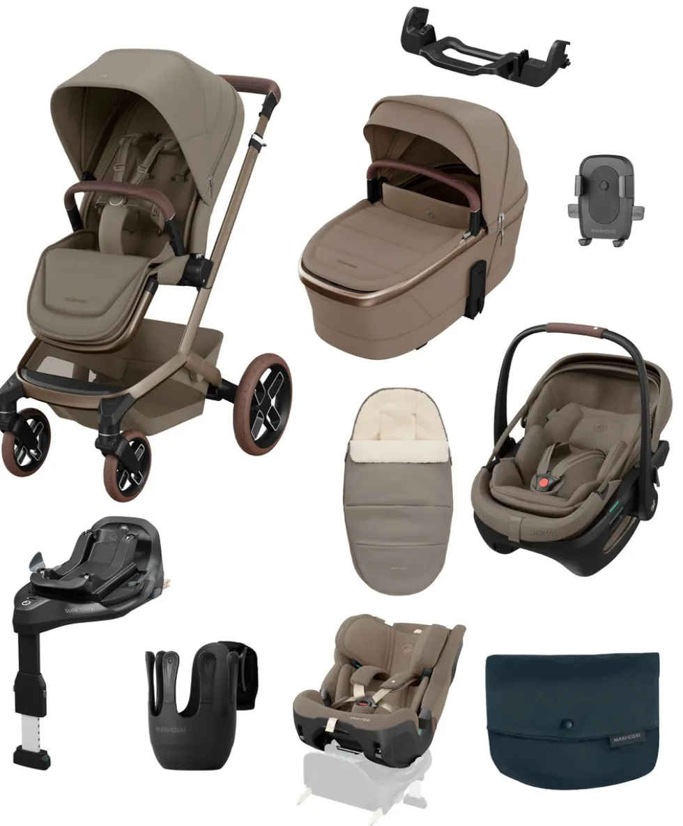 Maxi-Cosi Fame Ultimate Pushchair Bundle with Maxi-Cosi Coral Slide Pro Car Seat & Maxi-Cosi Pearl XL Slide Pro Car Seat (10 Pieces) - Oak Truffle
