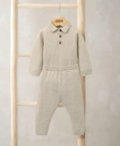 Oatmeal Knit Polo Bodysuit & Bottoms Set (2 Pieces)