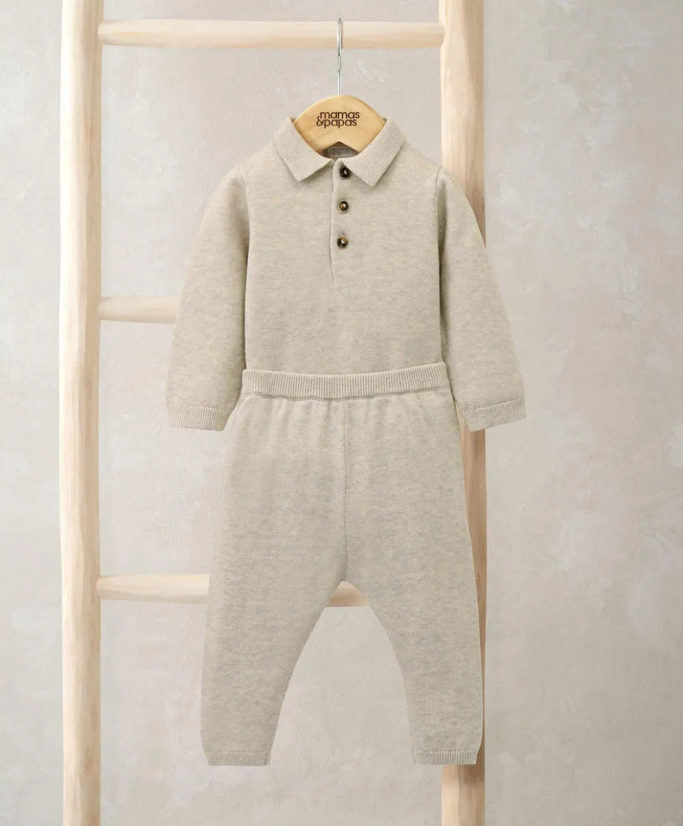 Oatmeal Knit Polo Bodysuit & Bottoms Set (2 Pieces)