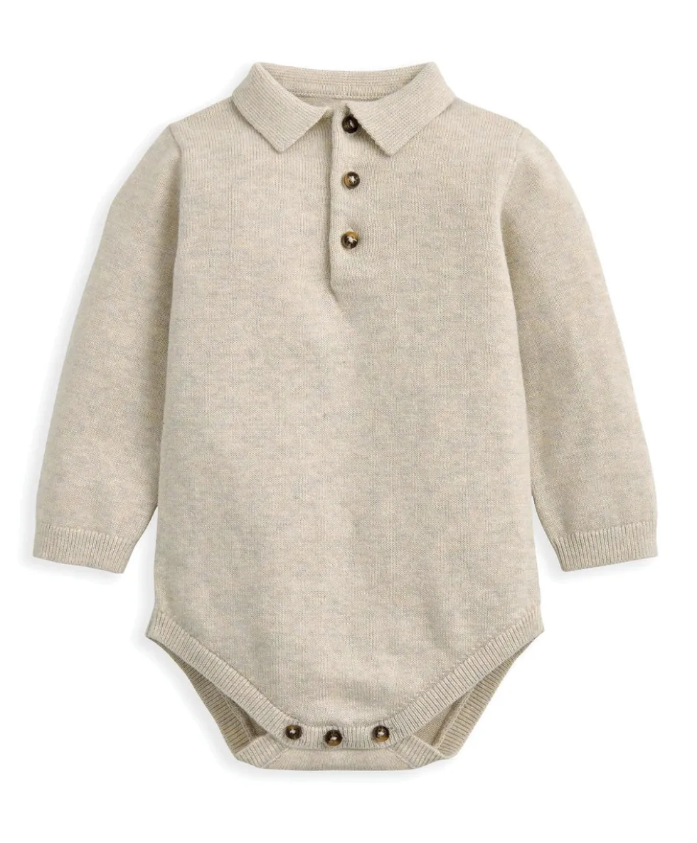 Oatmeal Knit Polo Bodysuit & Bottoms Set (2 Pieces)