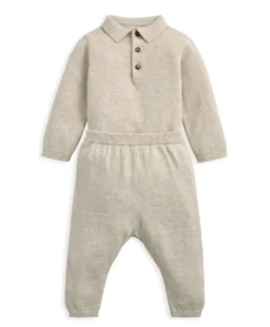 Oatmeal Knit Polo Bodysuit & Bottoms Set (2 Pieces)