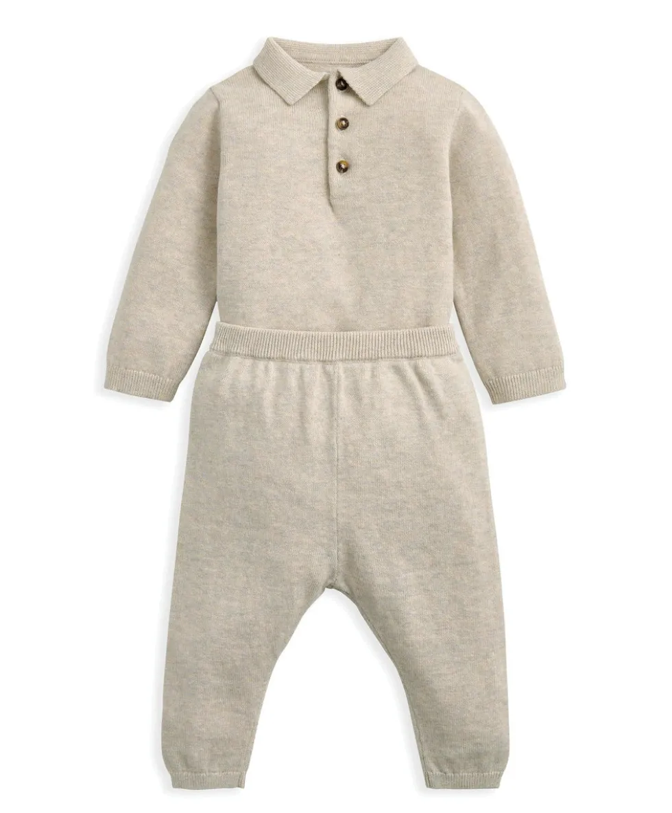 Oatmeal Knit Polo Bodysuit & Bottoms Set (2 Pieces)