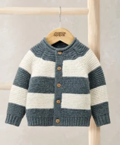 Striped Knit Cardigan with Raglan Sleeves - Blue