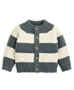 Striped Knit Cardigan with Raglan Sleeves - Blue