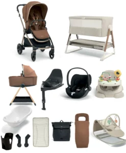 Vardo Pushchair Ultimate Newborn Bundle with Cybex Cloud T i-Size Rotating Baby Car Seat & Base (14 Pieces) - Nutmeg